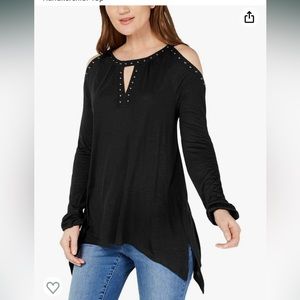 INC Black, cold shoulder, rhinestone accent top, size S